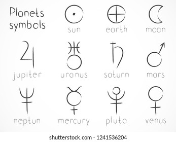 Vector set of astrological planets symbols. Hand drawn elements. Signs collection: sun, earth, moon, saturn, uranus, neptune, jupiter, venus, mars, pluto, mercury. Monochrome.