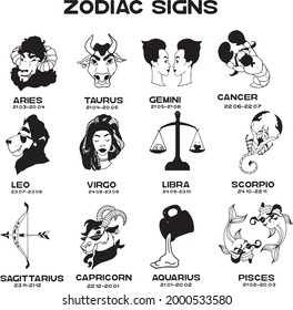 vector set astrological sign horocope symbols zodiac elements trendy simple cartoon isolated black and white doodle