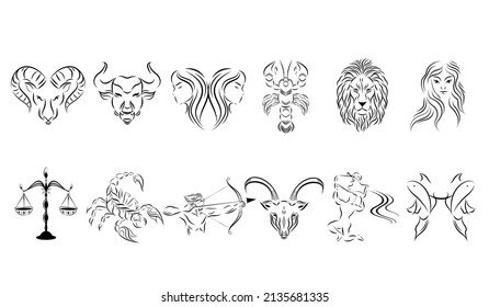 Vector set of astrological signs. Twelve horoscope illustrations.Isolated on a white background.