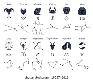 Conjunto vectorial de símbolos astrológicos del zodiaco y de las constelaciones. Símbolos místicos.