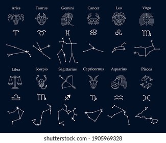 Vector set of astrological symbols of the zodiac and constellations. Mystical symbols.