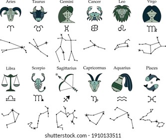 Conjunto vectorial de símbolos astrológicos del zodiaco y de las constelaciones. Símbolos místicos.