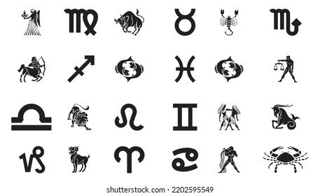 Vector set of astrological symbols, zodiac signs. Mystical symbols zodiac signs horoscope icons set. isolated astrological images in simple black and white style