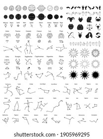 Vector set of astrological symbols, zodiacs, stars, planets and constellations. Mystical symbols.