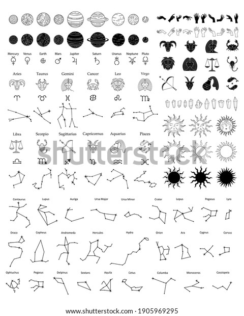 Vector set of\
astrological symbols, zodiacs, stars, planets and constellations.\
Mystical symbols.
