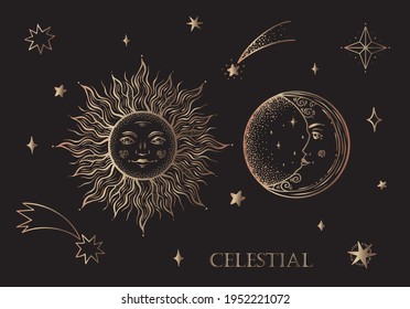 Vector set for astrology, magical celestial alchemy. Celestial drawings for the zodiac, tarot, crescent moon with face, sun with moon on a black background.