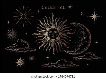 
Vector set for astrology, magical celestial alchemy. Celestial drawings for the zodiac, tarot, crescent moon with face, sun with face on a black background. Black and gold colors design 