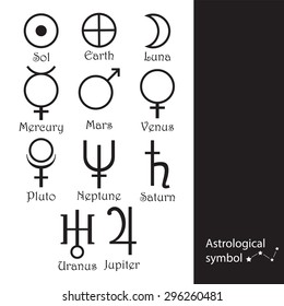 Vector set of astrology sign of planet. Trendy line zodiac symbol for hipster logo and flyer, poster, banner, logotype design. Isolated on white background. EPS 10   