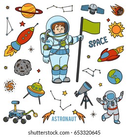 Vector set with astronaut and space objects. Cartoon colorful items