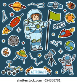 Vector set with astronaut and space objects. Cartoon colorful stickers