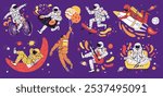 Vector set with astronauts dressed in a spacesuit on a purple background. Funny astronauts play the guitar, sit in the lotus position, fly on a rocket and much more