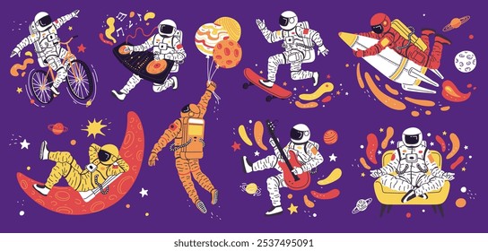 Conjunto de Vector con astronautas vestidos con un traje espacial sobre un fondo púrpura. Astronautas divertidos tocan la guitarra, se sientan en la posición de loto, vuelan en un cohete y mucho más