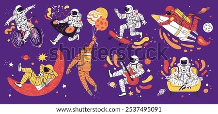 Vector set with astronauts dressed in a spacesuit on a purple background. Funny astronauts play the guitar, sit in the lotus position, fly on a rocket and much more