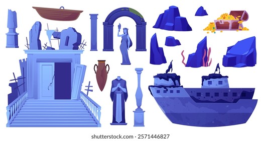 Vector set "Atlantis" with a sunken ship, a chest of gold and jewelry and a statue among the columns on a white background. Underwater ruins and a blue landscape.