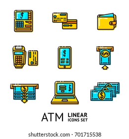 Vector set of ATM linear icons - ATM, cards, wallet, portable atm, smartphone, money transfer, notebook, bills.