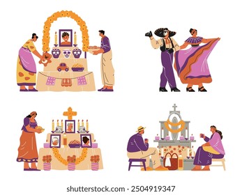 Vector set with the atmosphere of celebrating the day of the dead. Men and women communicate with deceased relatives at the altar, tombstone with offerings