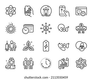 Vector set of Atom core, Nurse and Sharing economy line icons set. Analysis app, Battery charging and Project deadline icons. Time, Euler diagram and Swipe up signs. Atom core web symbol. Vector