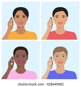 Vector set of attractive indian, asian, european, african american women talking on the mobile phones. Beautiful female avatars. Flat design illustration . 