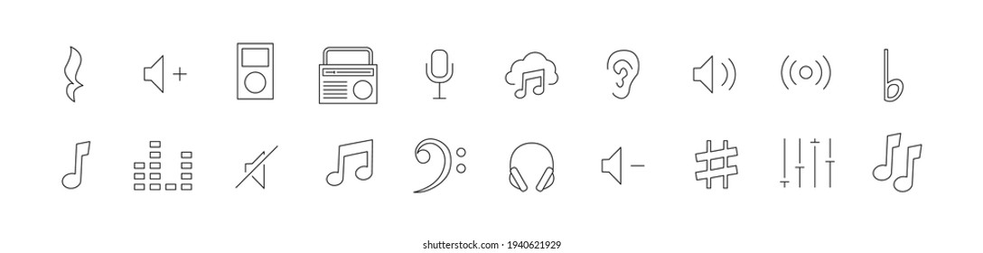 Vector set of audio thin line icons. Design of 20 stroke pictograms. Audio signs isolated on a white background.