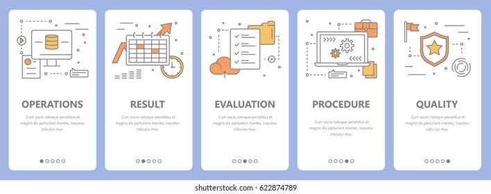 Vector set of audit concept vertical banners. Operations, result, evaluation, procedure and quality concept elements. Thin line flat design symbols, icons for website menu, print.