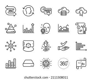 Vector set of Augmented reality, Efficacy and Pyramid chart line icons set. Face verified, Face id and Multichannel icons. 360 degrees, Cloud server and Infochart signs. Vector