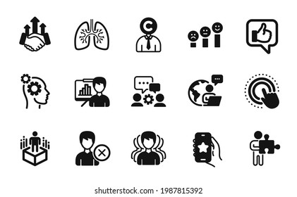 Vector set of Augmented reality, Presentation board and Customer satisfaction icons simple set. Thoughts, Copyrighter and Remove account icons. Like, Group and Lungs signs. Vector