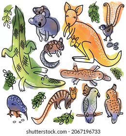 Vector ambientado con animales salvajes de Australia y Nueva Zelanda. Personajes de dibujos animados con estilo de doodle sobre fondo de acuarela. Ilustración dibujada a mano: canguro, koala, platypus, cocodrilo, suero de azúcar, número