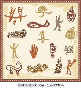 Vector set of Australian aboriginal petroglyph ornaments.