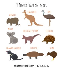 Vector set of Australian animals icons. Emu, wombat, kiwi, koala, kangaroo. Flat style.