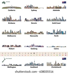 Vektorgrafik von australischen und neuseeländischen Skylines. Karte und Flagge von Australien und Neuseeland. 
Navigations-, Orts- und Reisesymbole. 