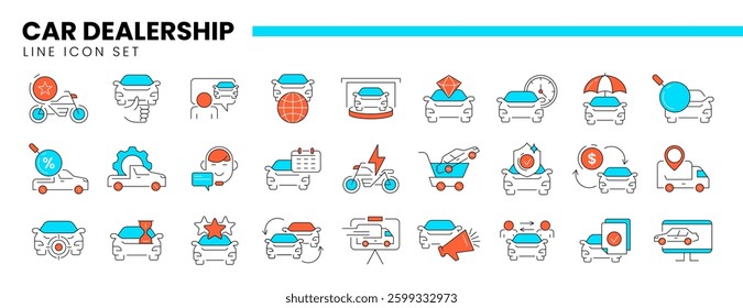 Vector set of auto dealership line icon of car dealer, automotive industry, rental service or vehicle trade center. Thin linear symbols of repair, maintenance, transportation insurance or buy new cars
