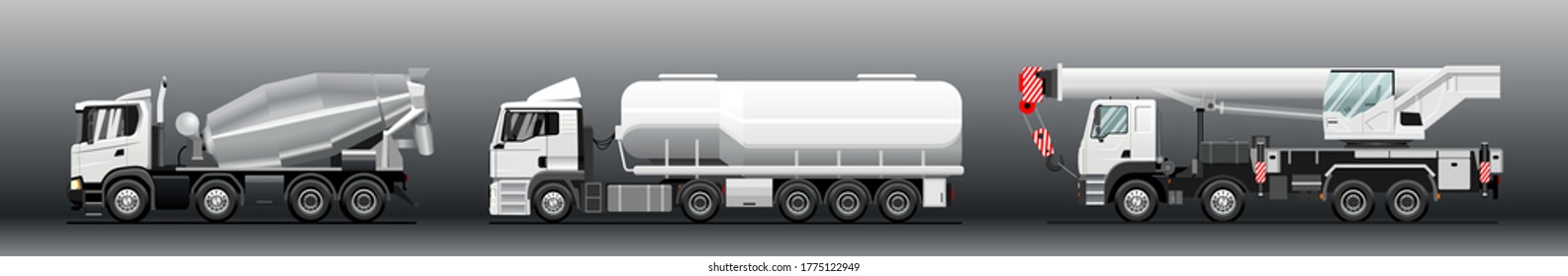 Vector Set Of Auto Mixer, Tanker Truck, Truck Crane. White Empty Truck Template For Advertising; Mockup. Work Cars. Concrete Mixer, Crane, Tank. Modern Flat Vector Illustration.