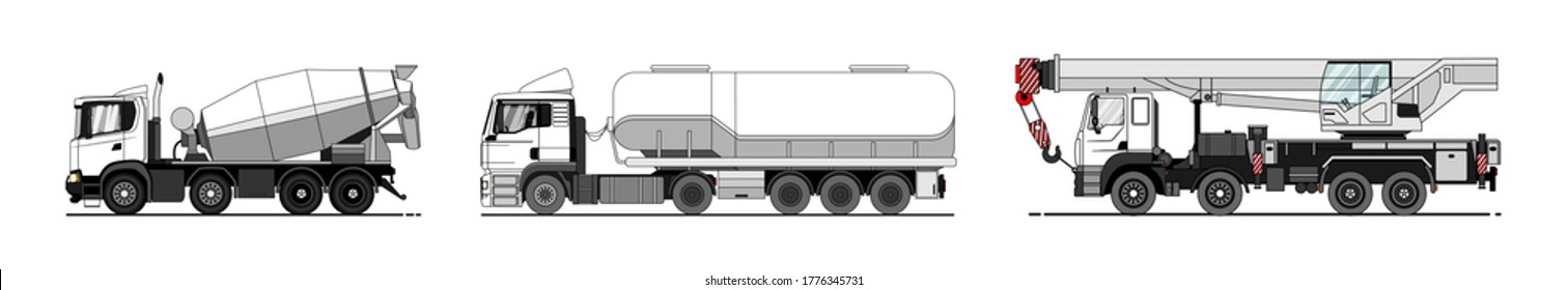 Vector Set Of Auto Mixer, Tanker Truck, Truck Crane. White Empty Truck Template For Advertising; Mockup. Work Cars. Concrete Mixer, Crane, Tank. Modern Flat Vector Illustration.