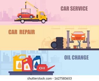 Vector set of an auto repair, service shop and road assistance