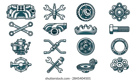 Vector set of automotive mechanical engine parts and repair tools icons including gears, wrenches, spark plugs, carburetors, intake manifolds, nuts, and bolts in a vintage woodcut style.