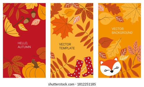 Vector set of autumn abstract backgrounds with copy space for text. Bright vertical banners, posters, cover design templates, social media stories, wallpapers with autumn symbols and leaves.