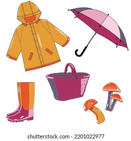 Vector set of autumn accessories, raincoat and boots, umbrella and mushrooms basket 