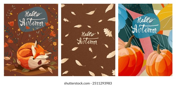 Vector set of autumn art posters with cute patterns of pumpkin, leaves, fox in the forest, foliage, fall leaves, for decor, postcard, invitation, frame, cover, greeting card. Hello autumn