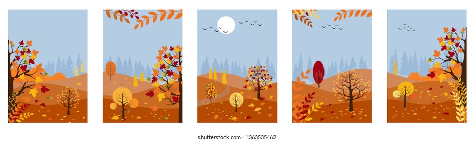 Vector set of Autumn background with copy space for text,Autumn panorama lanscape forest and hills with maples leaves falling from tree, Collections for banner, posters, design templates and wallpaper