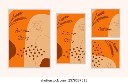 Vector set autumn backgrounds. Abstract posters with orange, brown autumn colors. Minimal natural Boho style posters wall arts. Design card, stories, postcard, cover, invitations for autumn holidays.