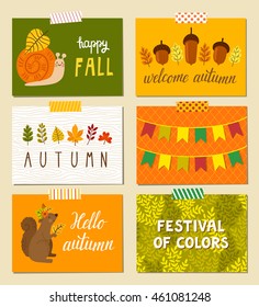 Vector set of autumn backgrounds. Bright cute posters with snail, squirrel, colorful leaves, garlands of flags and hand written text. Journaling cards.