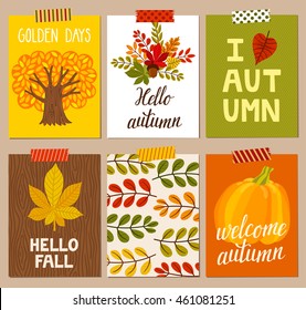 Vector set of autumn backgrounds. Bright hand drawn posters with pumpkin, tree, colorful leaves and hand written text. Journaling cards.