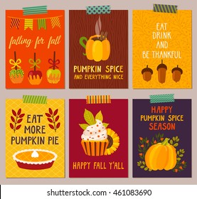 Vector Set Of Autumn Backgrounds. Bright Cute Posters With Autumn Food And Drink: Caramel Apples, Pumpkin Pie, Cupcake, Hot Chocolate And Hand Written Text. Dinner Invitation Template.