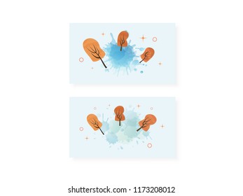 Vector set of autumn backrounds with trees composition. Templates for season design with watercolor texture. 