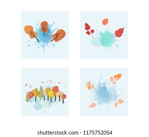 Vector set of autumn backrounds with watercolor splash blots and autumn trees, leaves. Templates for season design. 