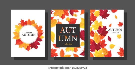 Vector set of autumn banners. Postcards with maple leaves. Autumn round frame. A wreath of leaves. Pattern, greeting card, label, poster.