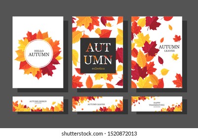 Vector set of autumn banners. Postcards with maple leaves. Autumn round frame. A wreath of leaves. Template, postcard, label, poster, invitation and posters with space for your text.