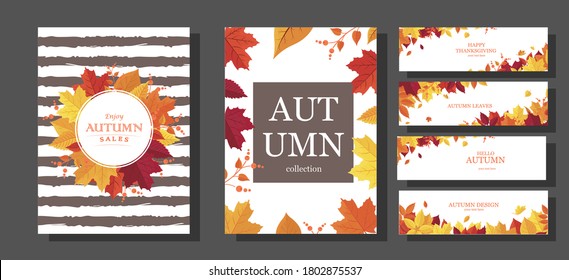 Vector set of autumn banners. Postcards with maple leaves. Autumn round frame. A wreath of leaves. Pattern, greeting card, label, poster.