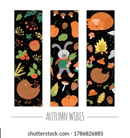 Vector set of autumn bookmarks with animals, plants, leaves, bell, pumpkins isolated on white background. Funny fall season vertical cards design. Cute stationery template 
