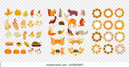 Vector set of Autumn borders, wreaths, animals, leaves, thanksgiving clipart, arrangements. Fall season. Forest animals. Autumn decoration